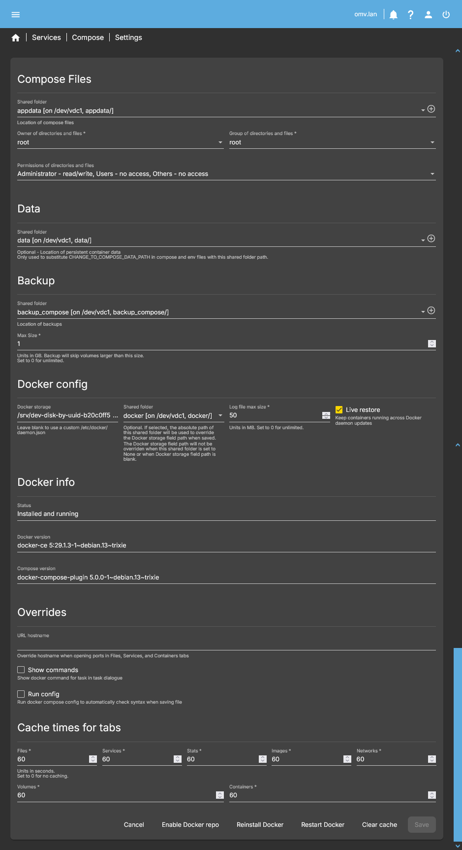 Pola konfiguracyjne pluginu Compose w OMV
