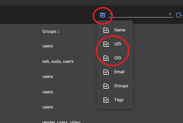 Widok identyfikatorów użytkownika w OMV