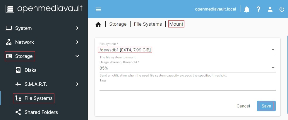 Widok systemu plików w OpenMediaVault