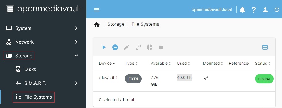 Lista systemów plików w OMV