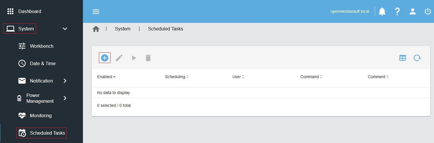 Sekcja Scheduled Tasks w OMV