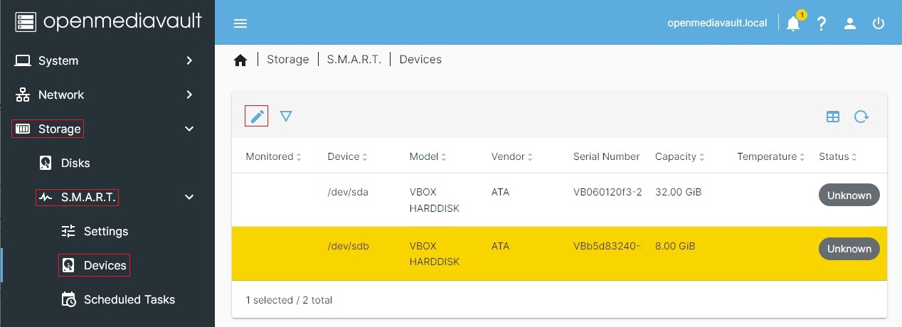 Widok urządzenia dyskowego w OMV