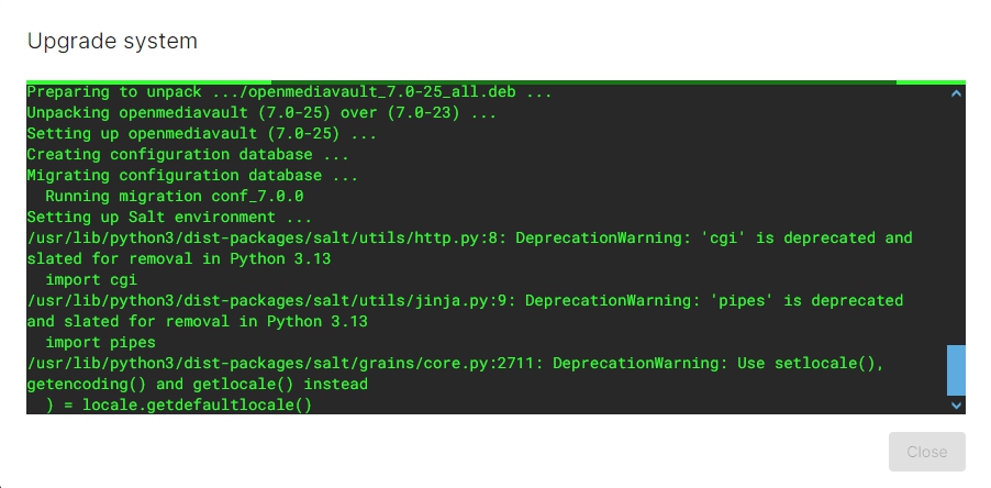 Okno postępu aktualizacji OMV
