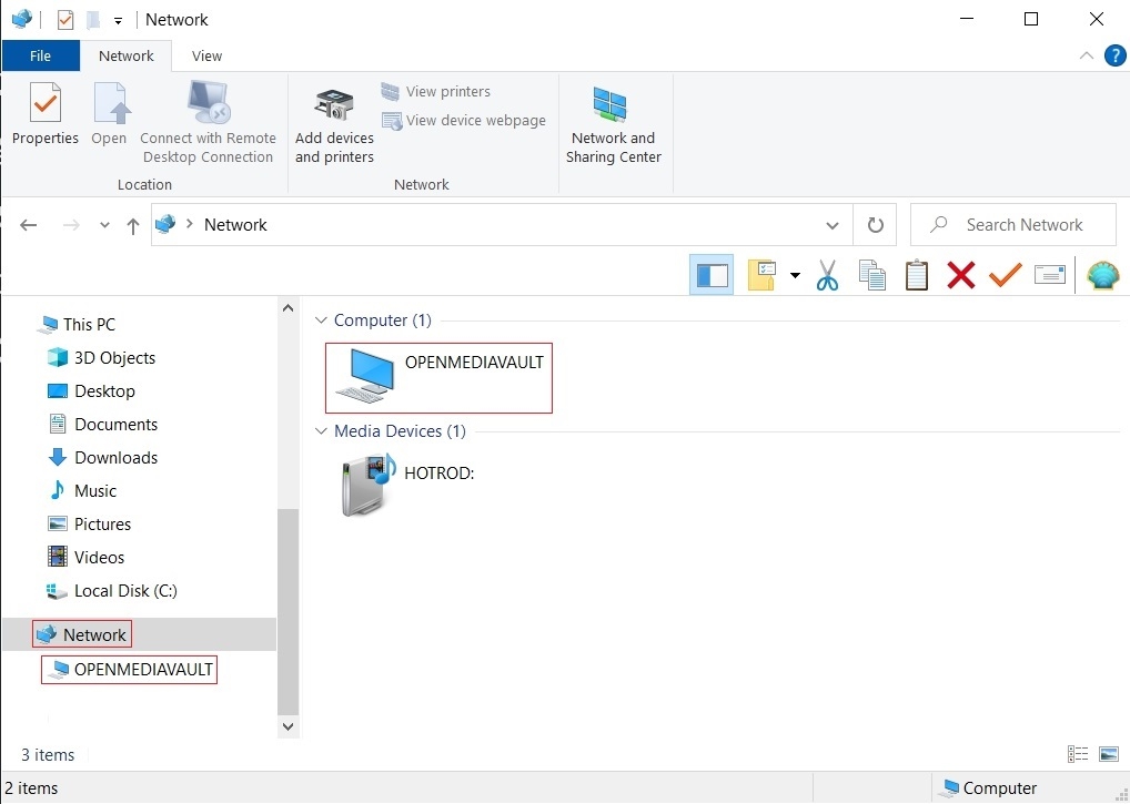 Serwer OMV widoczny w oknie Sieć w Windows
